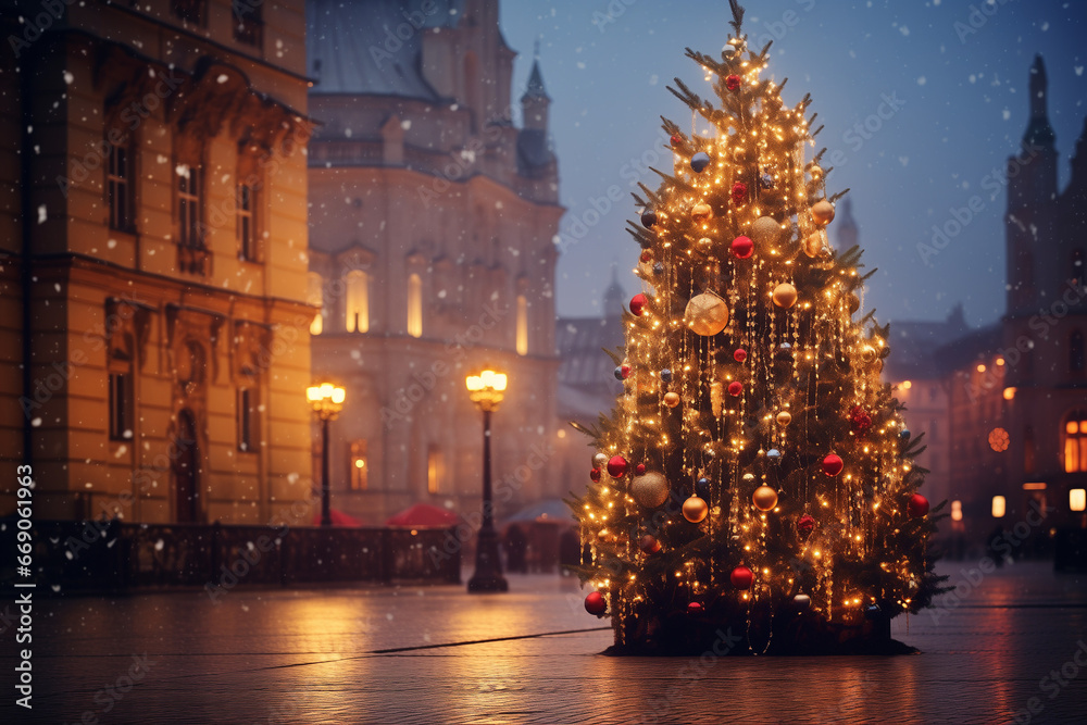 Fototapeta premium illuminated Christmas tree in the old town, Christmas stalls, in the evening