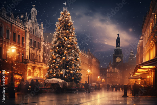 illuminated Christmas tree in the old town, Christmas stalls, in the evening © graficzka101