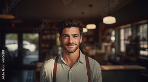 Small business owner of a café at entrance looking at camera