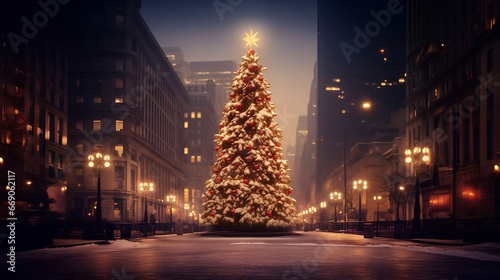 An elegant Christmas tree with shining garlands and lanterns in the center of the evening city.
