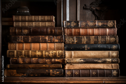 A stack of weathered and tatty leather-bound books neatly arranged on a rustic shelf, embodying the charm of well-loved literary classics