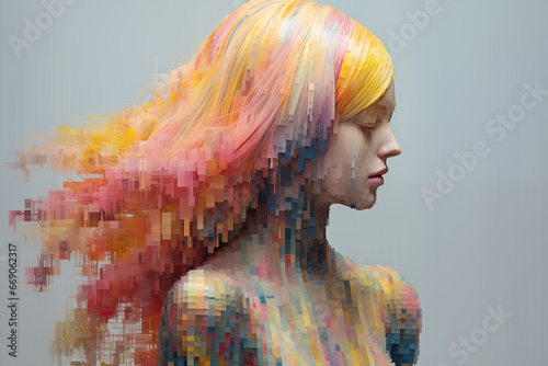 An abstract portrayal of a girl with pixel glitching hair, showcasing a captivating digital distortion that blurs the boundaries between reality and technology.
