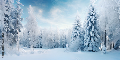  Winter Wonderland In 3d Background Beautiful winter landscape of a forest in the mountains Trees are covered in snow Christmas trees pines fir. AI Generative
