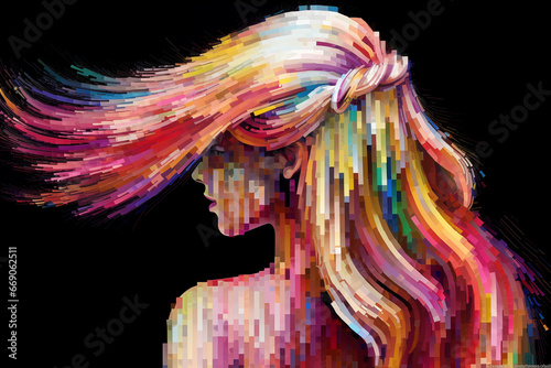 An abstract representation of a melancholic girl with pixelized digital glitching and compression distortion, exploring the intersection of emotions and technology