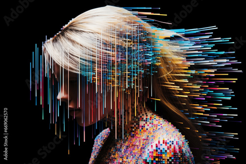An abstract representation of a melancholic girl with pixelized digital glitching and compression distortion, exploring the intersection of emotions and technology
