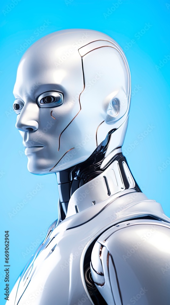 Silver-white humanoid male cyborg robot.