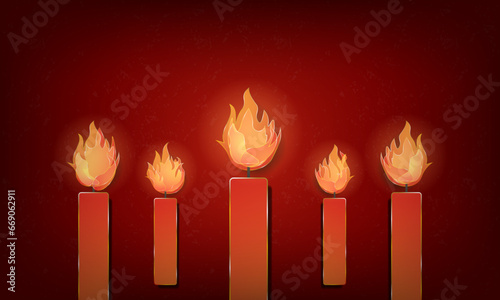 5 Red Candles with gold lining edges on dark background, no text no people. Candlelight background template. Burning candle backdrop. Vector Illustration