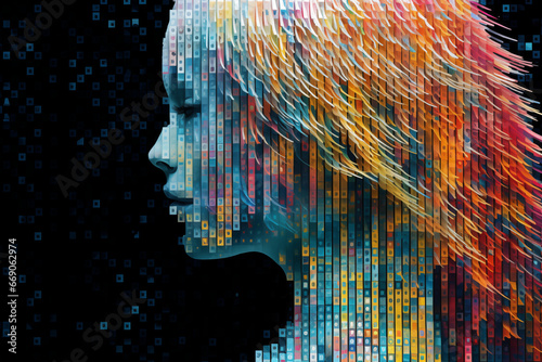 An abstract representation of a melancholic girl with pixelized digital glitching and compression distortion, exploring the intersection of emotions and technology