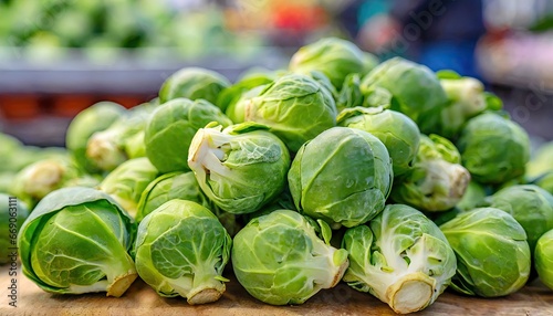 Fresh Brussels Sprouts Cluster on Wooden Surface