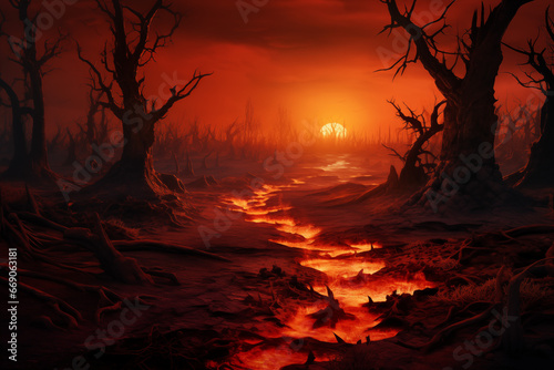 A grim depiction of a scorched earth, a post-apocalyptic wasteland that resembles a vision of hell on Earth, evoking the harrowing aftermath of a catastrophic event