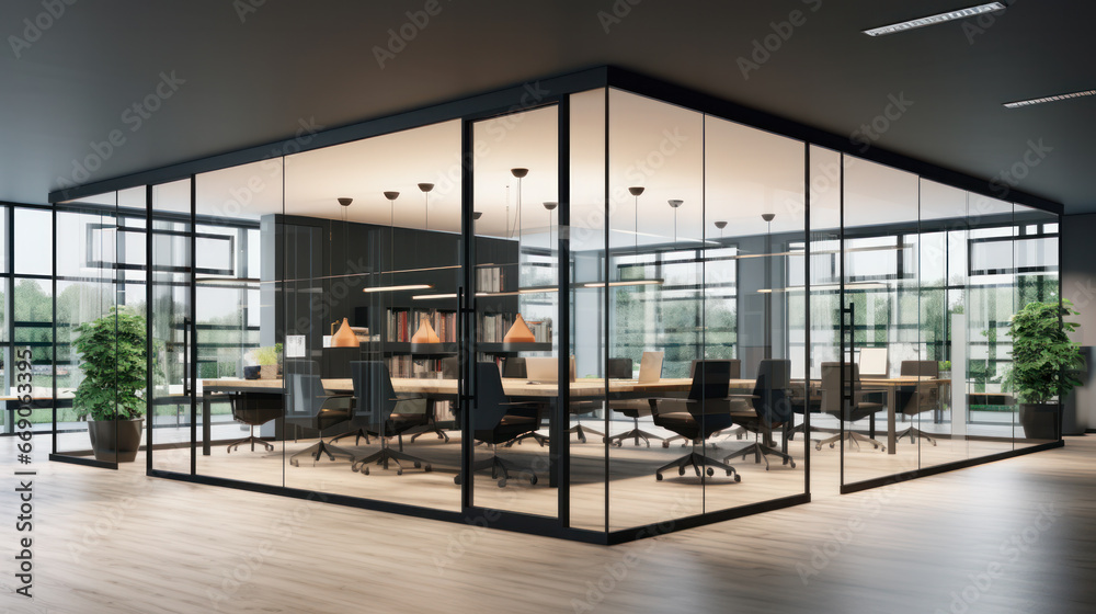 Empty glass, transparent meeting room in open office interior Empty glass, transparent meeting room in open office interior