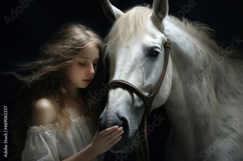 Compassionate Girl rider take horse. Pretty female. Fictional person. Generate Ai