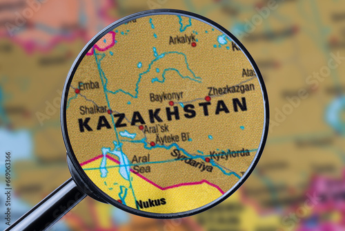 Map of KAZAKHSTAN through magnifying glass.