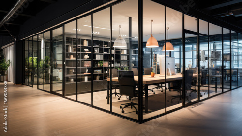 Empty glass  transparent meeting room in open office interior
