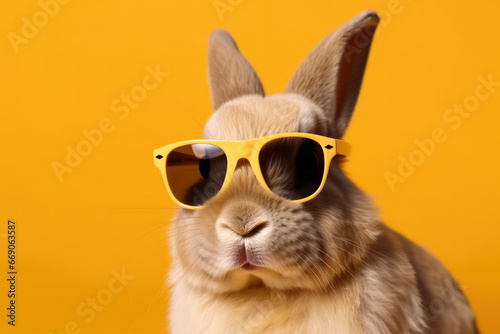 Sunny and cheerful, this adorable rabbit in sunglasses is perfect for your summer season designs. Close-up on a vibrant yellow background. AI Generative.