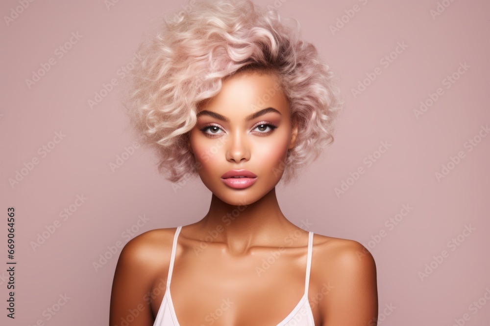 a close-up studio fashion portrait of a young african woman with perfect skin, short wavy blond hair and immaculate make-up. pink background. Skin beauty and hormonal female health concept a close-up studio fashion portrait of a young african woman with perfect skin, short wavy blond hair and immaculate make-up. pink background. Skin beauty and hormonal female health concept