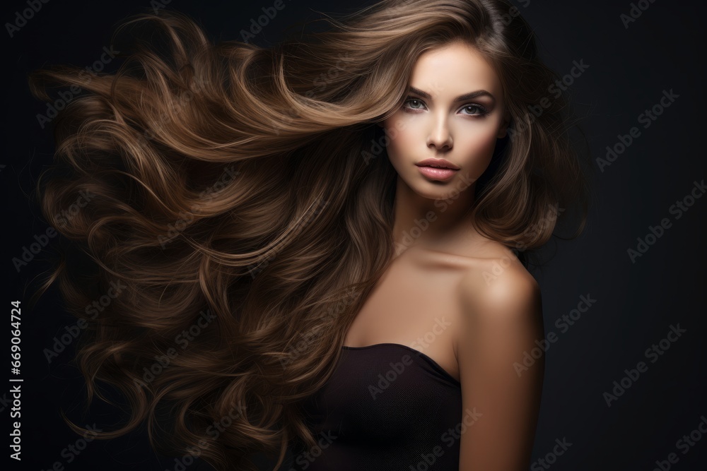 a close-up studio fashion portrait of a young woman with perfect skin, long wavy brown hair and immaculate make-up. dark background. Skin beauty and hormonal female health concept - obrazy, fototapety, plakaty 