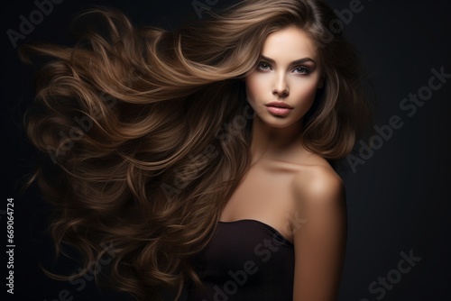 a close-up studio fashion portrait of a young woman with perfect skin, long wavy brown hair and immaculate make-up. dark background. Skin beauty and hormonal female health concept photo