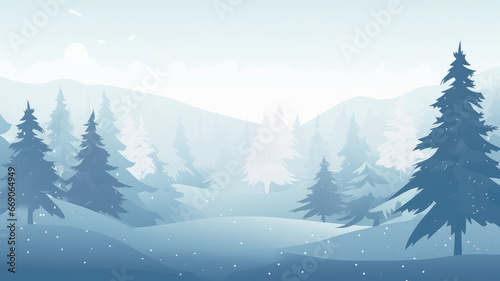 Natural Winter Christmas background with blue sky  heavy snowfall  snowflakes  snowy coniferous forest  snowdrifts. Winter landscape with falling christmas shining beautiful snow  