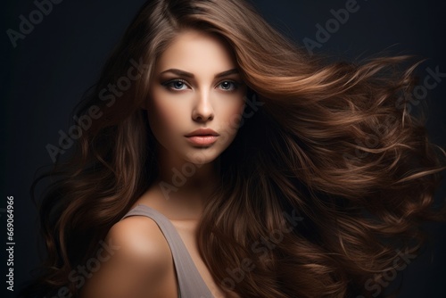 a close-up studio fashion portrait of a young woman with perfect skin, long wavy brown hair and immaculate make-up. dark background. Skin beauty and hormonal female health concept