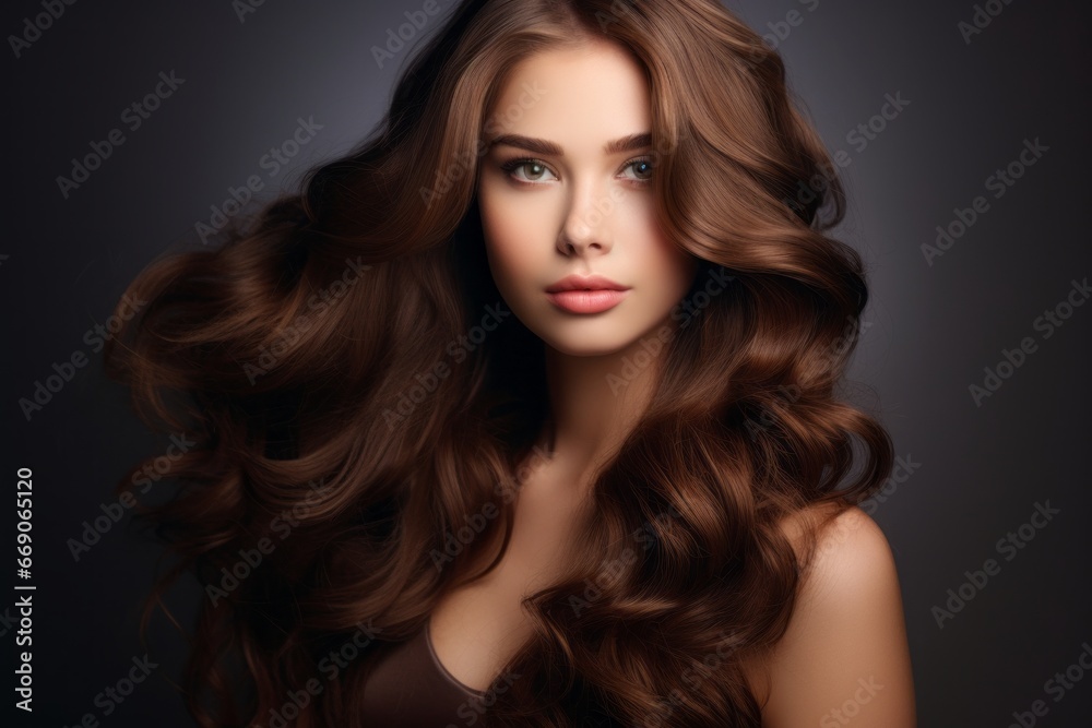 Fototapeta premium a close-up studio fashion portrait of a young woman with perfect skin, long wavy brown hair and immaculate make-up. dark background. Skin beauty and hormonal female health concept