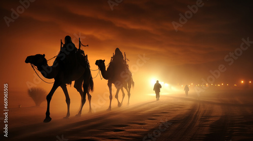 Camels with riders in sunset. Caravan in desert