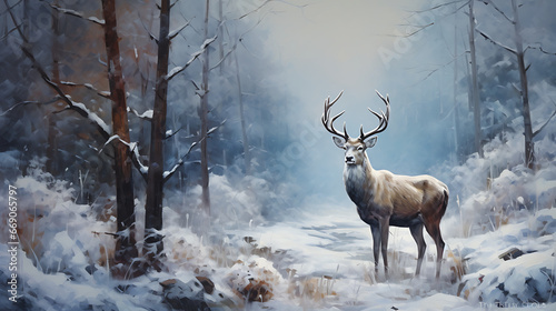 Forest deer against the backdrop of a winter forest landscape
