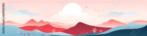 five areas of healing, vast healing landscape, soothing, balanced, simplicity, calming shades of red and pastel blue, modern minimalist style, serene mood, pastel hues, flat vector logo, vector illust