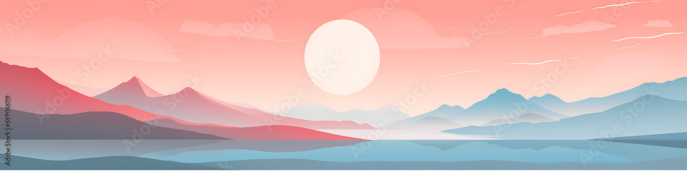 five areas of healing, vast healing landscape, soothing, balanced, simplicity, calming shades of red and pastel blue, modern minimalist style, serene mood, pastel hues, flat vector logo, vector illust