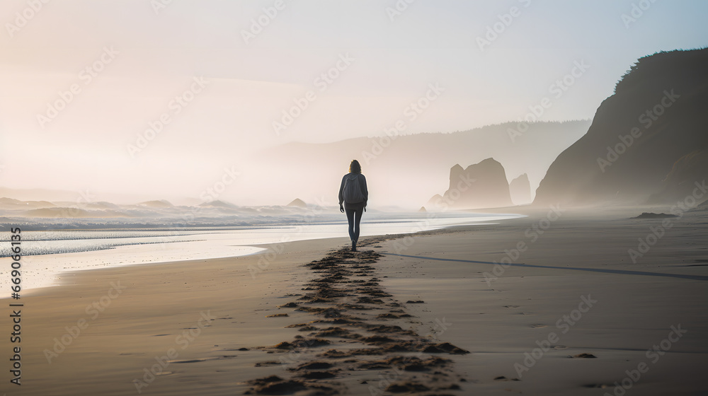 Un homme de dos marchant sur une plage de sable noir volcanique avec un coucher de soleil. 