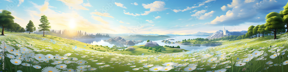 A 3d landscape wallpaper showing flowers and grass in the field, in the style of romantic riverscapes, imaginative illustration, anime aesthetic, water drops, charming realism, white and green, eye - 