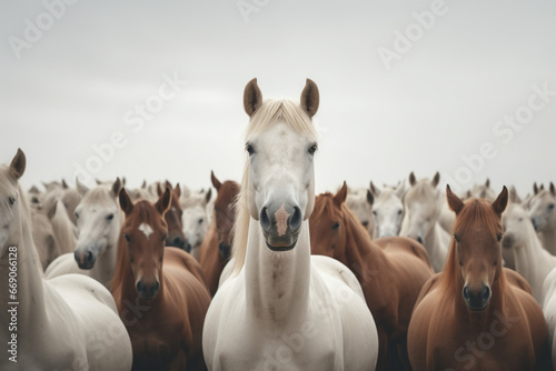 One white horse standing amongst the large group of brown horses