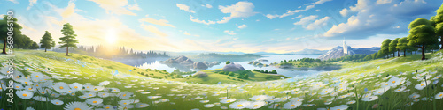 A 3d landscape wallpaper showing flowers and grass in the field  in the style of romantic riverscapes  imaginative illustration  anime aesthetic  water drops  charming realism  white and green  eye - 