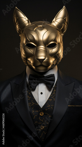 3d golden mirror mask in the form of a cats head