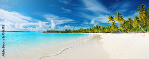 Pristine tropical beach with white sands and turquoise waters. Copy space