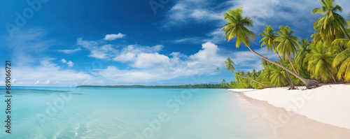 Pristine tropical beach with white sands and turquoise waters. Copy space