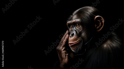 A thinking chimpanzee on a solid color background © danter