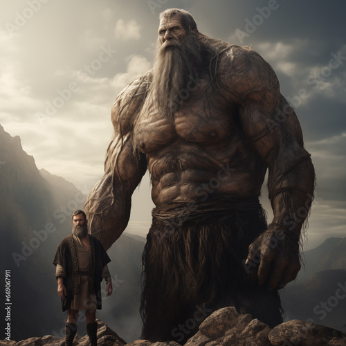Giant and man, ancient, biblical,  ai generative