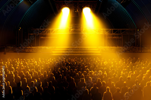 Two Spotlights Shining Down On Silhouette Of A Large Crowd And Audience In The Theater Stadium Waiting For A Public Event Background