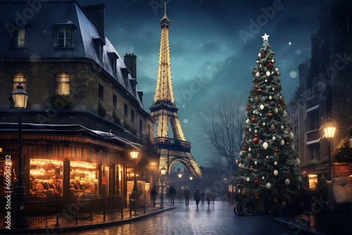 Illuminated Christmas tree in the old town in Paris, with christmas stalls and Eiffel Tower, in the evening