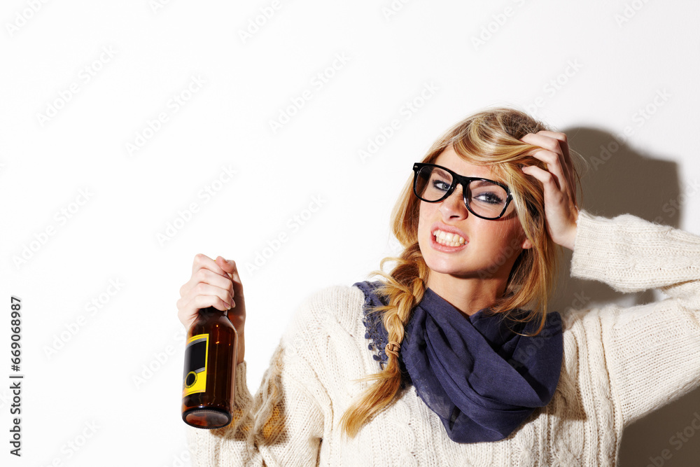 Φωτογραφία Portrait, fashion and a bottle of beer with a woman in studio isolated on a white background of space for mockup
