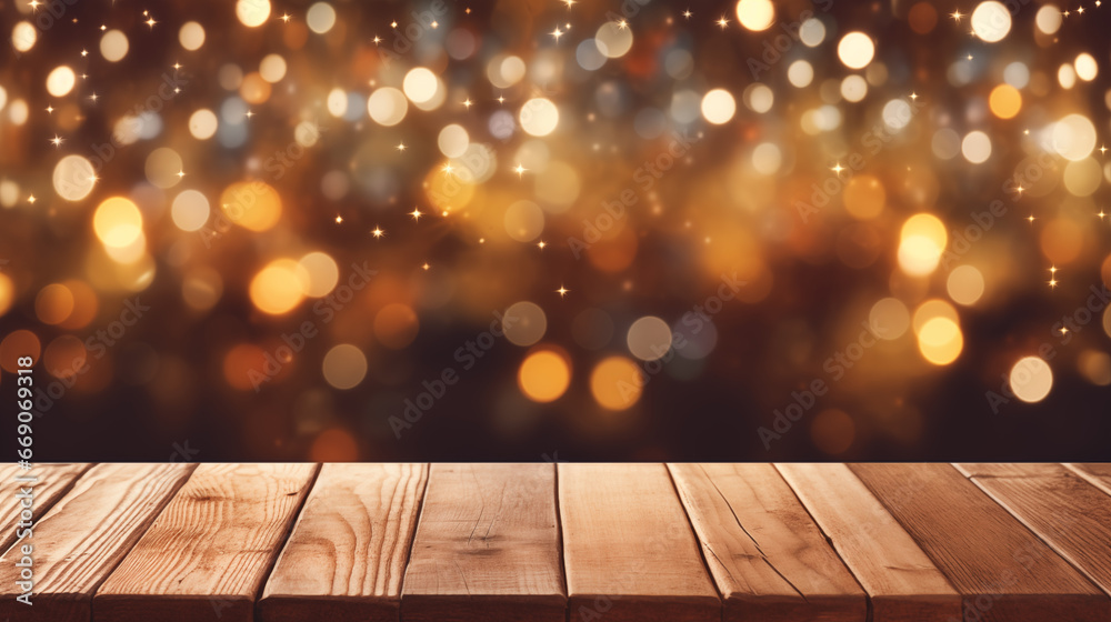 An unoccupied wooden tabletop with blurred Christmas Fair lights in the background, suitable for showcasing products. Created with the assistance of Generative AI. An unoccupied wooden tabletop with blurred Christmas Fair lights in the background, suitable for showcasing products. Created with the assistance of Generative AI.