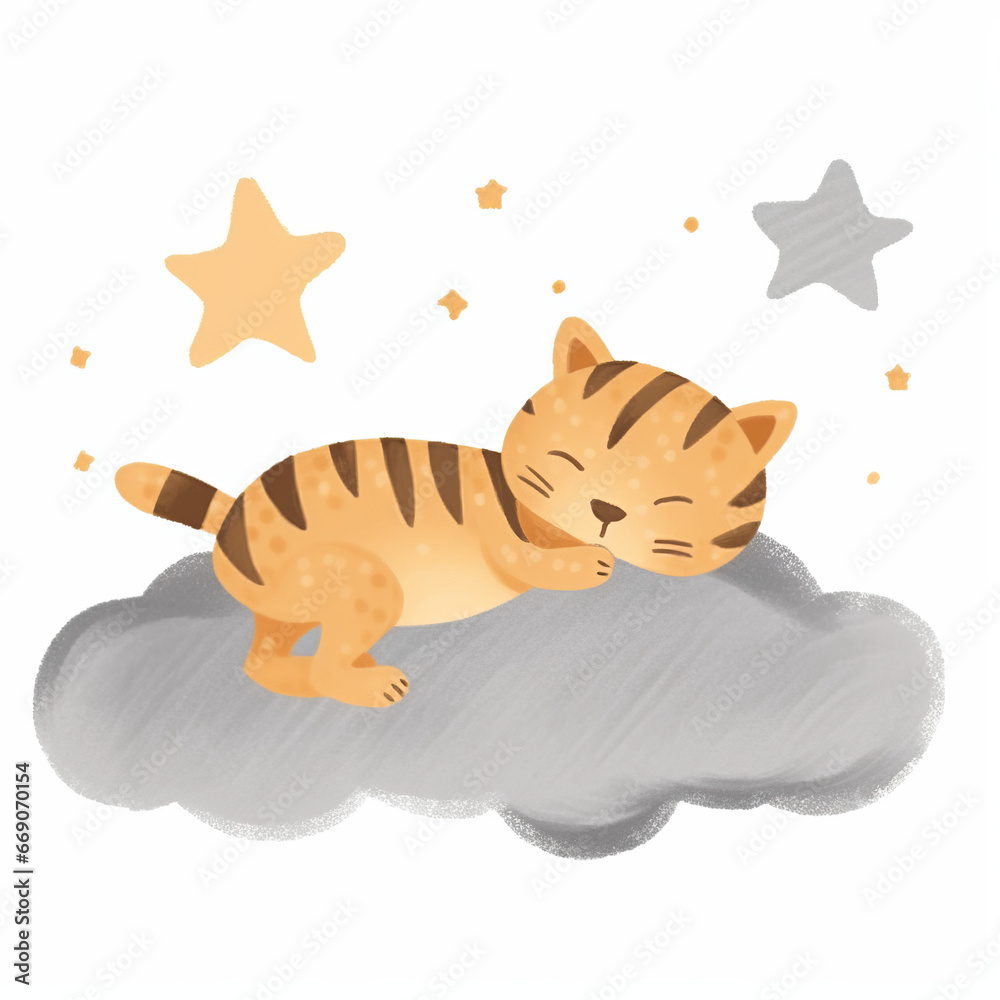 Dreaming in the Clouds Cute Tiger Sleeping on Fluffy Clouds Whimsical Illustration