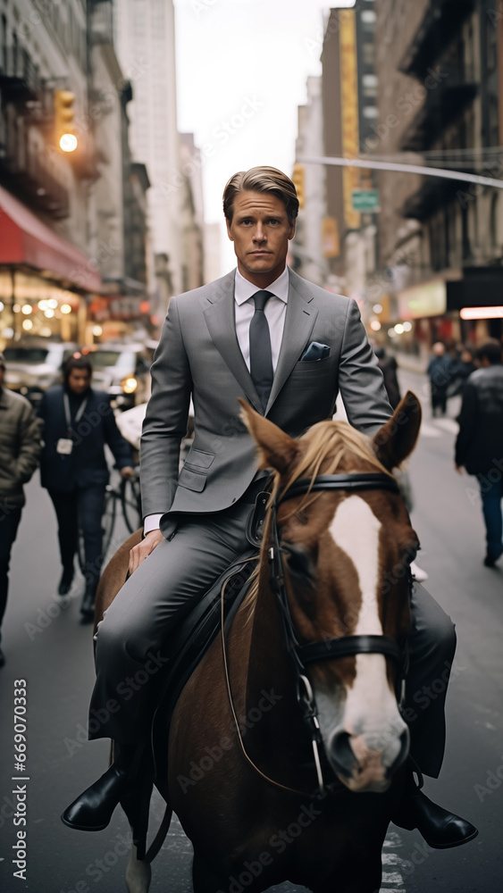 A handsome man in a suit riding a horse on a city road to work