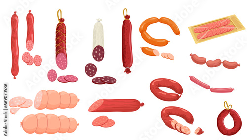 Set of sausages salami, pepperoni smoked sausage, beef meat, ham farm or butcher store production. Bacon or boiled sausage delicatessen meals. Design elements for market advert. Vector Illustration
