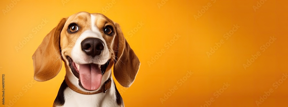 Photo portrait of a beagle on yellow background, used for advertisement