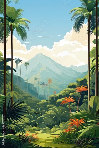 A tropical landscape with a diverse array of palm and tropical tree species. The vector style illustration presents a panoramic view of a thriving tropical forest.