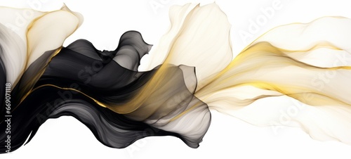 Abstract marbled ink liquid fluid watercolor painting texture banner illustration - Black petals, blossom flower flowers swirls gold painted lines, isolated on white background..