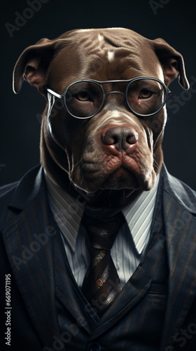 A dog in a suit wig and glasses. Dog American Bully