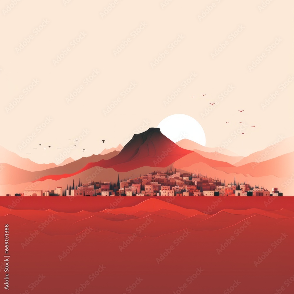 red, sci-fi, landscape with mountains